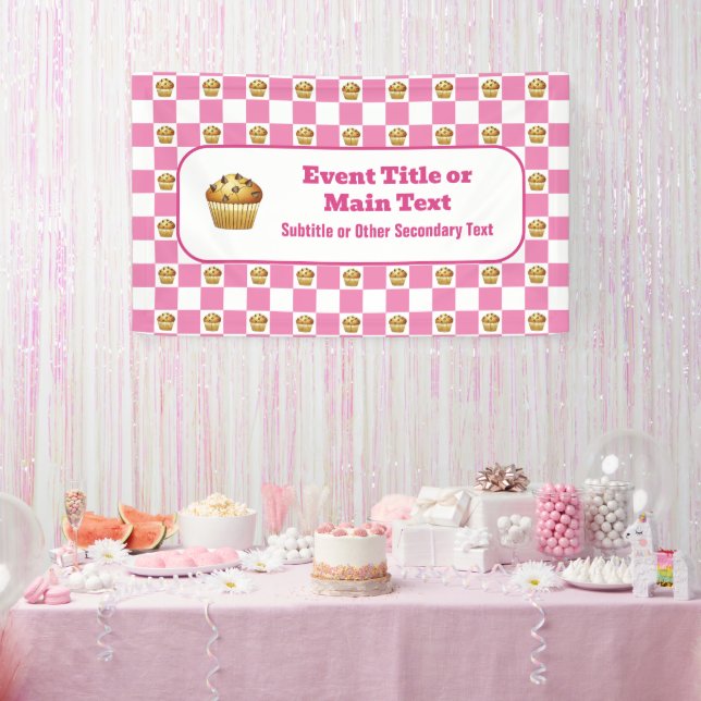 Choc-Chip Muffin Check Pink & White Custom Bake Banner (Party)