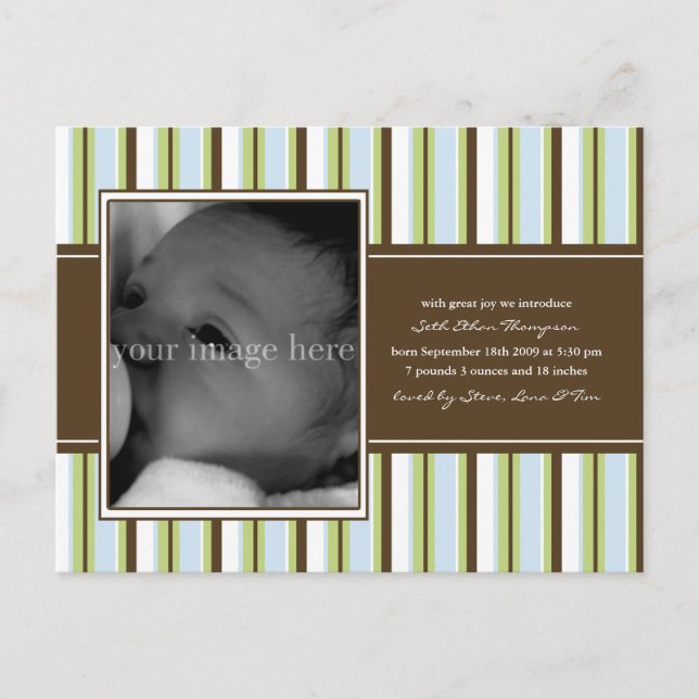 Chocolate and Blue Stripe Baby Announcement Postcard (Front)