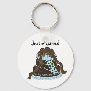 Chocolate and  Blue Wedding Cake - Just Married Key Ring