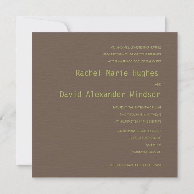 Chocolate and Lime Green Wedding Invitation (Front)