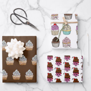 Chocolate and Strawberry Cupcakes Happy Birthday Wrapping Paper Sheet