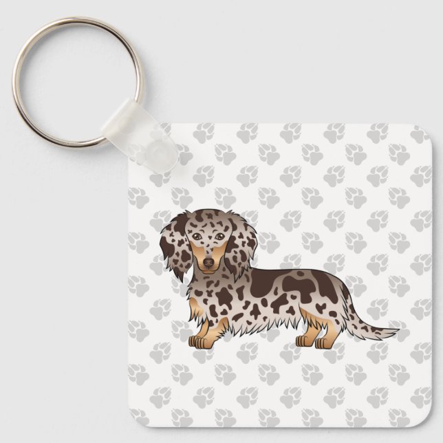 Chocolate And Tan Dapple Long Hair Dachshund Dog Key Ring (Front)