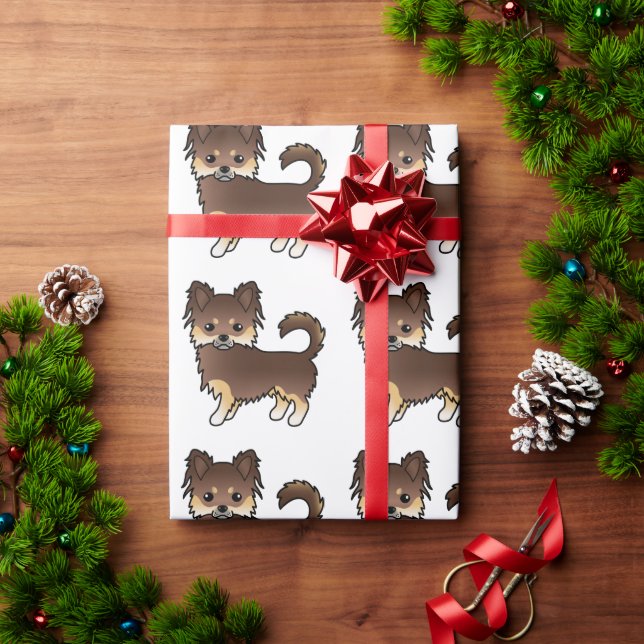 Chocolate And Tan Long Coat Chihuahua Dog Pattern Wrapping Paper (Holiday Gift)