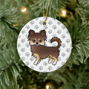 Chocolate And Tan Long Coat Chihuahua Dog & Paws Ceramic Ornament