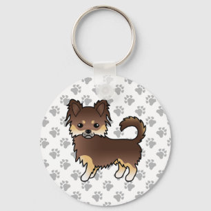 Chocolate And Tan Long Coat Chihuahua Dog & Paws Key Ring