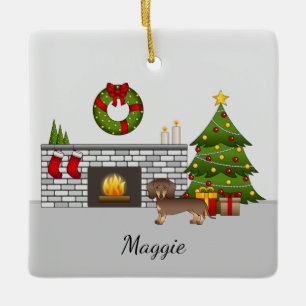 Chocolate And Tan Short Hair Dachshund - Christmas Ceramic Ornament