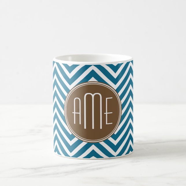Chocolate and Teal Chevron Pattern with Monogram Coffee Mug (Center)