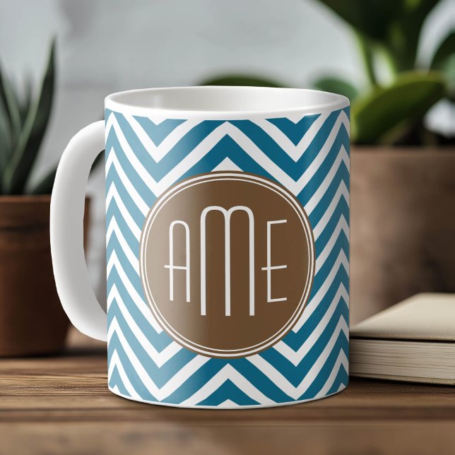 Chocolate and Teal Chevron Pattern with Monogram Coffee Mug (Custom Monogram Mug - Teal and Brown)