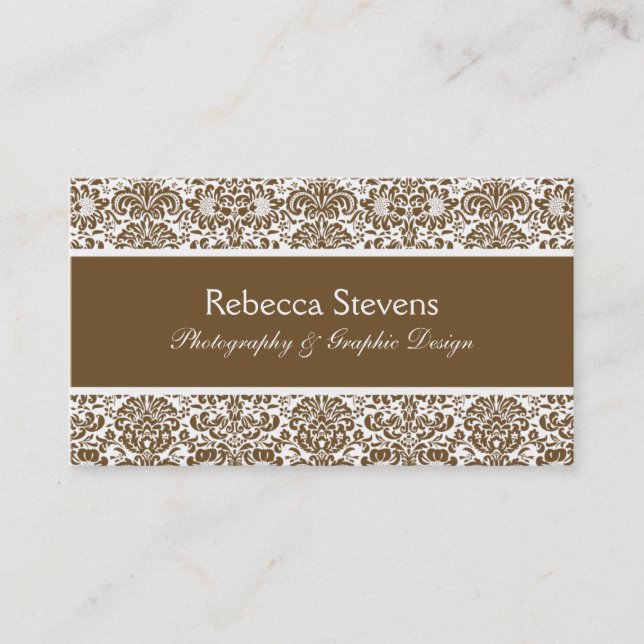 Chocolate and White Damask Business Card (Front)