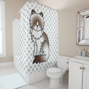Chocolate Bi-Colour Persian Cute Cartoon Cat & Paw Shower Curtain