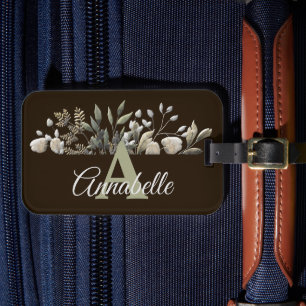 Chocolate Botanical Leaves Monogrammed Luggage Tag