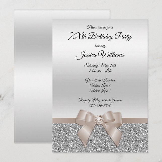 Chocolate Bow & Silver Glitters Birthday Invitation (Front/Back)