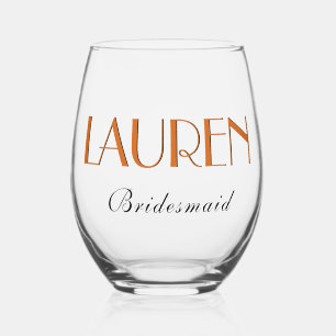 Chocolate Brown 3D Elegant Name Bridesmaid Stemless Wine Glass