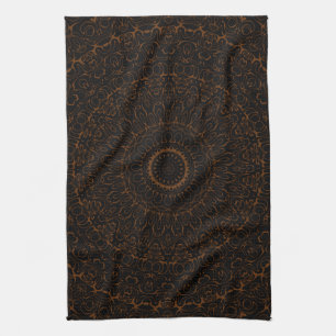 Chocolate Brown and Black Mandala Kaleidoscope Tea Towel