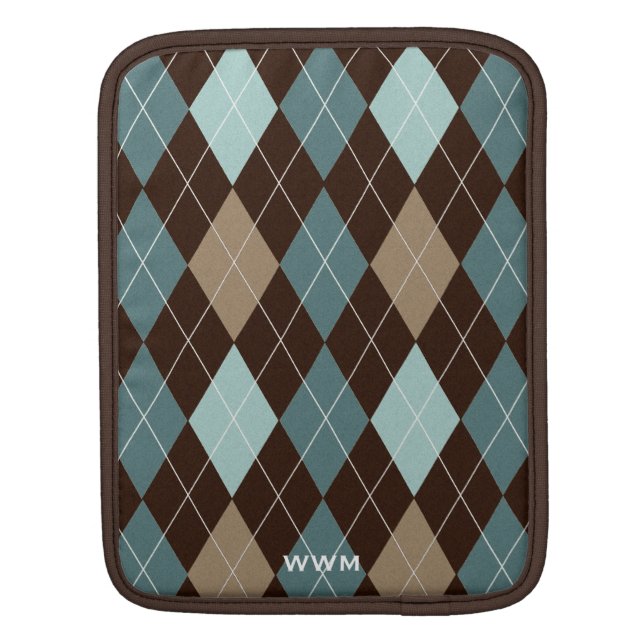Chocolate Brown and Blue Argyle Pattern Monogram iPad Sleeve (Back)
