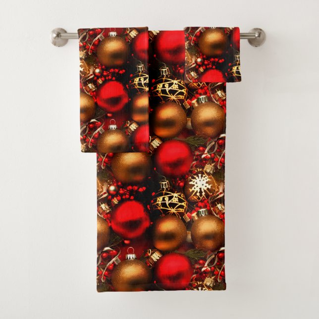 Chocolate Brown and Ruby Red Christmas Ornaments  Bath Towel Set (Insitu)
