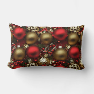 Chocolate Brown and Ruby Red Christmas Ornaments Lumbar Cushion