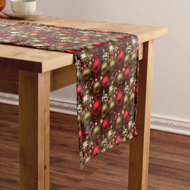 Chocolate Brown and Ruby Red Christmas Ornaments  Short Table Runner (In Situ)
