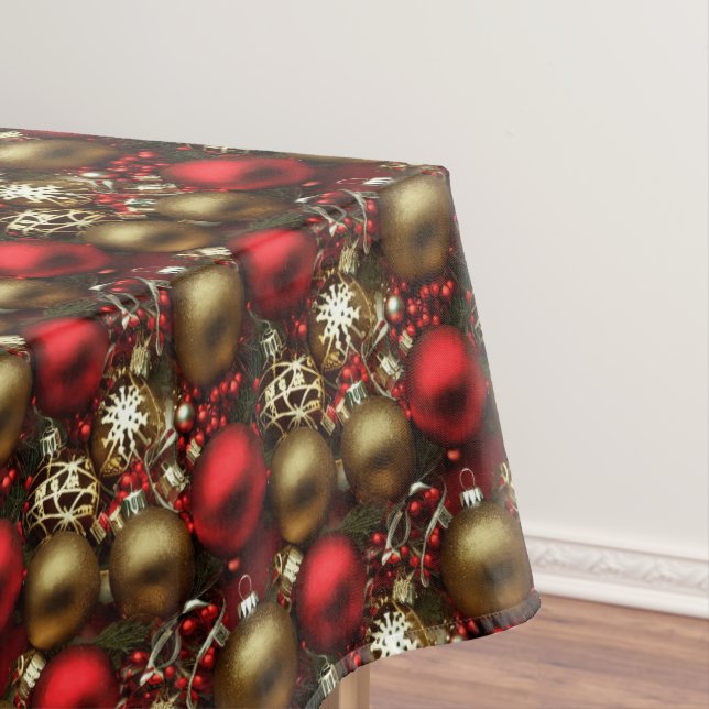 Chocolate Brown and Ruby Red Christmas Ornaments  Tablecloth (In Situ)