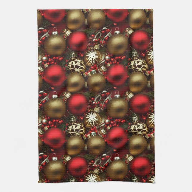 Chocolate Brown and Ruby Red Christmas Ornaments  Tea Towel (Vertical)