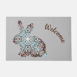 Chocolate Brown and Turquoise Blue Mandala Bunny Doormat