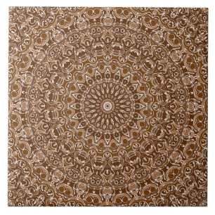 Chocolate Brown and White Mandala Pattern Ceramic Tile