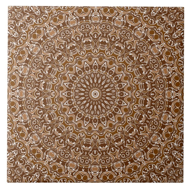 Chocolate Brown and White Mandala Pattern Ceramic Tile (Front)