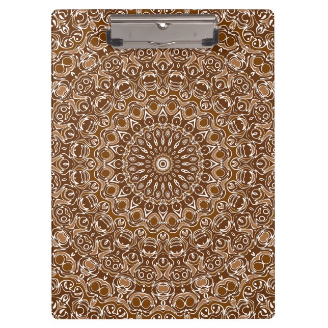 Chocolate Brown and White Mandala Pattern Clipboard (Front)
