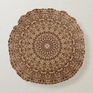 Chocolate Brown and White Mandala Pattern Round Cushion