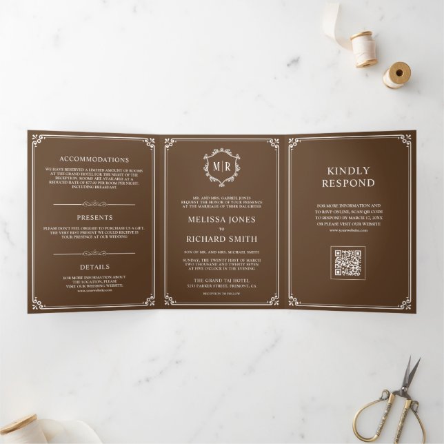 Chocolate Brown and White Monogram QR Code Wedding Tri-Fold Invitation (Inside)