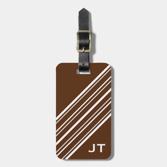 Chocolate Brown and White Pinstripe Monogram Luggage Tag (Front Vertical)