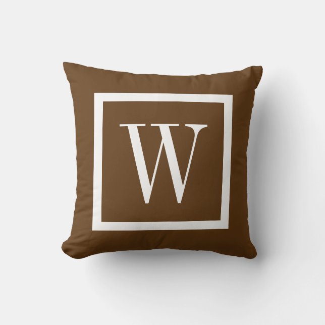 Chocolate Brown and White Preppy Square Monogram Cushion (Front)