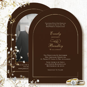 Chocolate Brown Background Arch Autumn Wedding Invitation