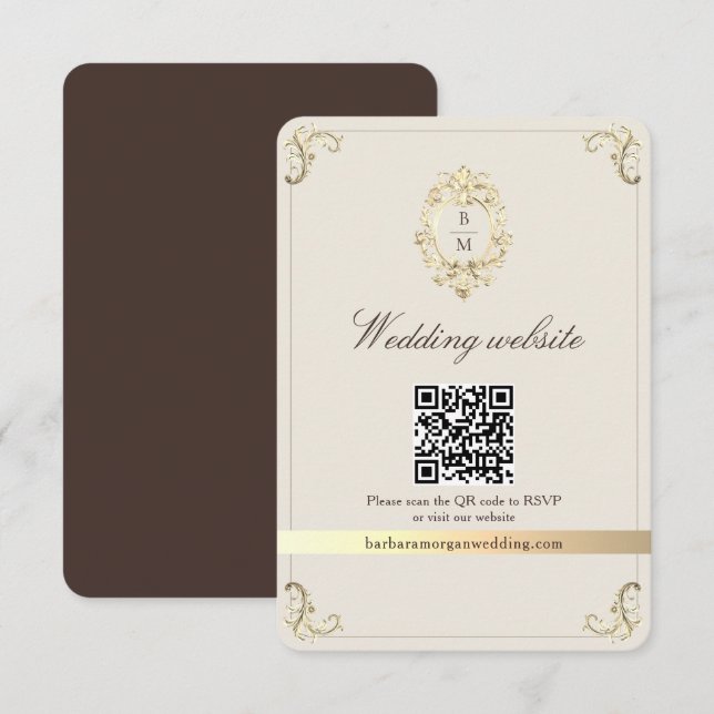 Chocolate Brown Baroque Wedding Website QR Code Enclosure Card (Front/Back)