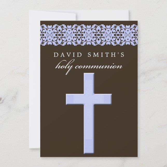 Chocolate Brown & Blue Communion Invitation (Front)