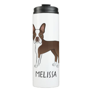 Chocolate Brown Boston Terrier Cartoon Dog & Name Thermal Tumbler