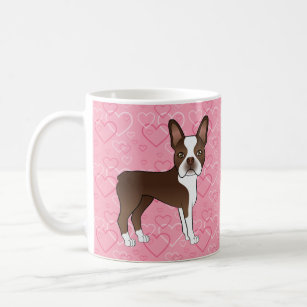 Chocolate Brown Boston Terrier Dog On Pink Hearts Coffee Mug