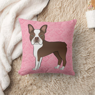 Chocolate Brown Boston Terrier Dog On Pink Hearts Cushion