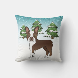 Chocolate Brown Boston Terrier In A Winter Forest Cushion