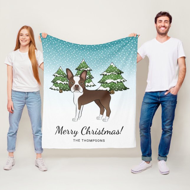 Chocolate Brown Boston Terrier In A Winter Forest Fleece Blanket (In Situ)