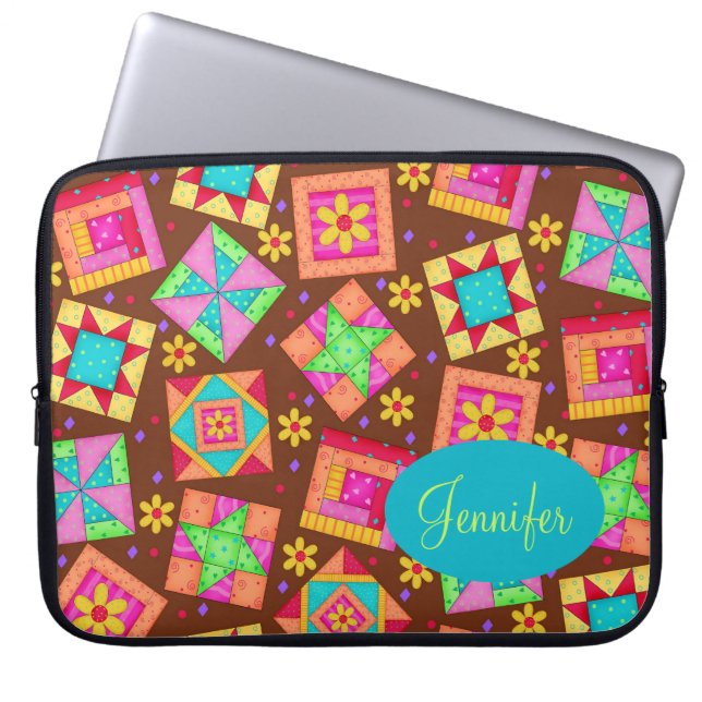 Chocolate Brown Colourful Quilt Patchwork Block Ar Laptop Sleeve (Front)