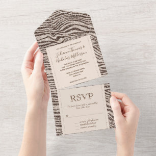 Chocolate Brown Cream Blush Zebra Glitter All In One Invitation