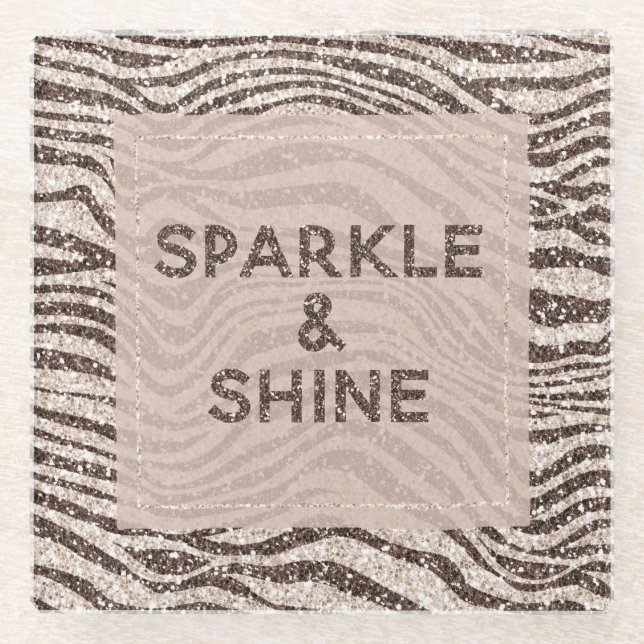 Chocolate Brown Cream Blush Zebra Glitter         Glass Coaster (Front)