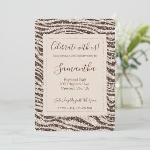 Chocolate Brown Cream Blush Zebra Glitter Invitation