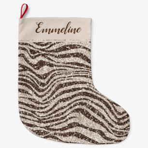 Chocolate Brown Cream Blush Zebra Glitter         Large Christmas Stocking