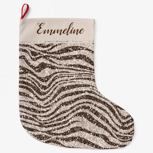 Chocolate Brown Cream Blush Zebra Glitter         Large Christmas Stocking (Front)