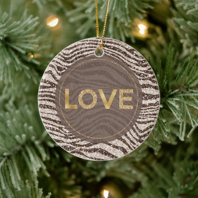 Chocolate Brown Cream Blush Zebra Glitter Love Ceramic Ornament (Tree)