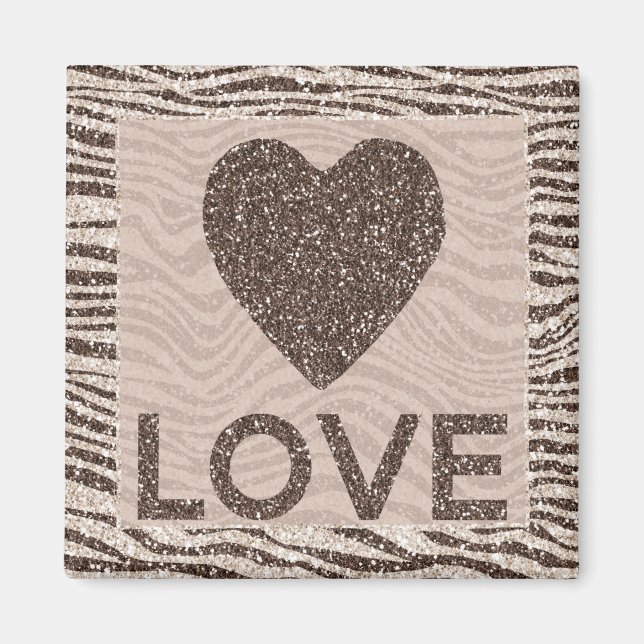 Chocolate Brown Cream Blush Zebra Glitter Love Magnet (Front)