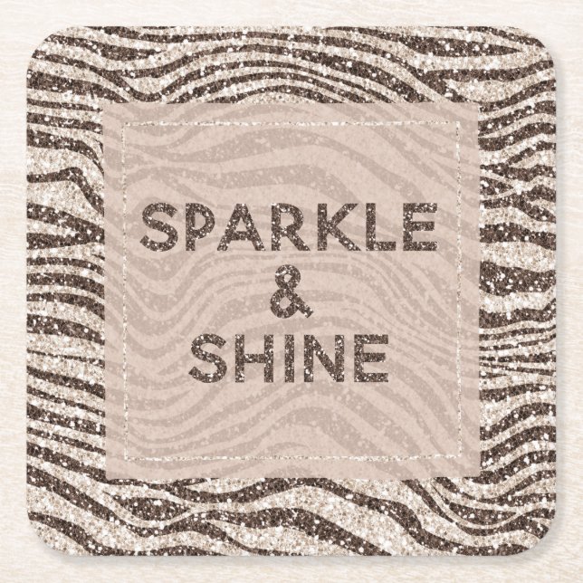 Chocolate Brown Cream Blush Zebra Glitter       Square Paper Coaster (Front)
