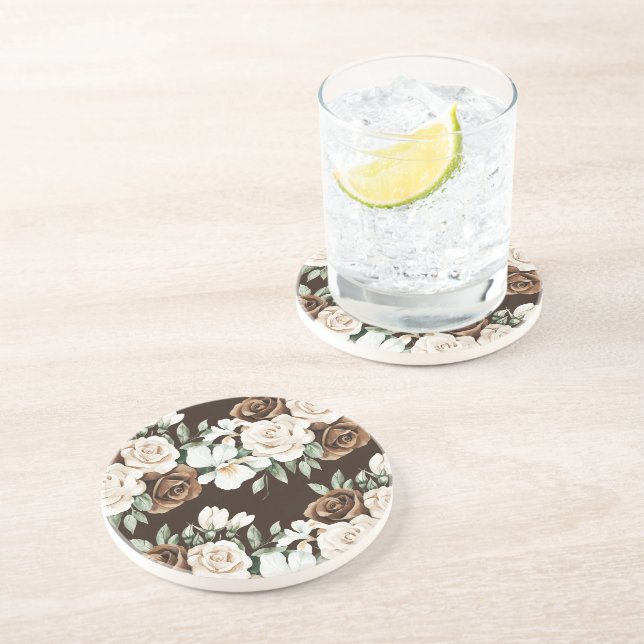Chocolate Brown Cream Flowers Coaster (Side)